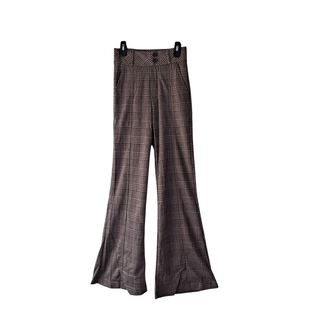 NWT Halara Flex Houndstooth Plaid Flare Pants High Waisted Brown Womens Size XS